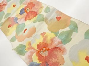 手織り紬牡丹に椿模様織出し名古屋帯